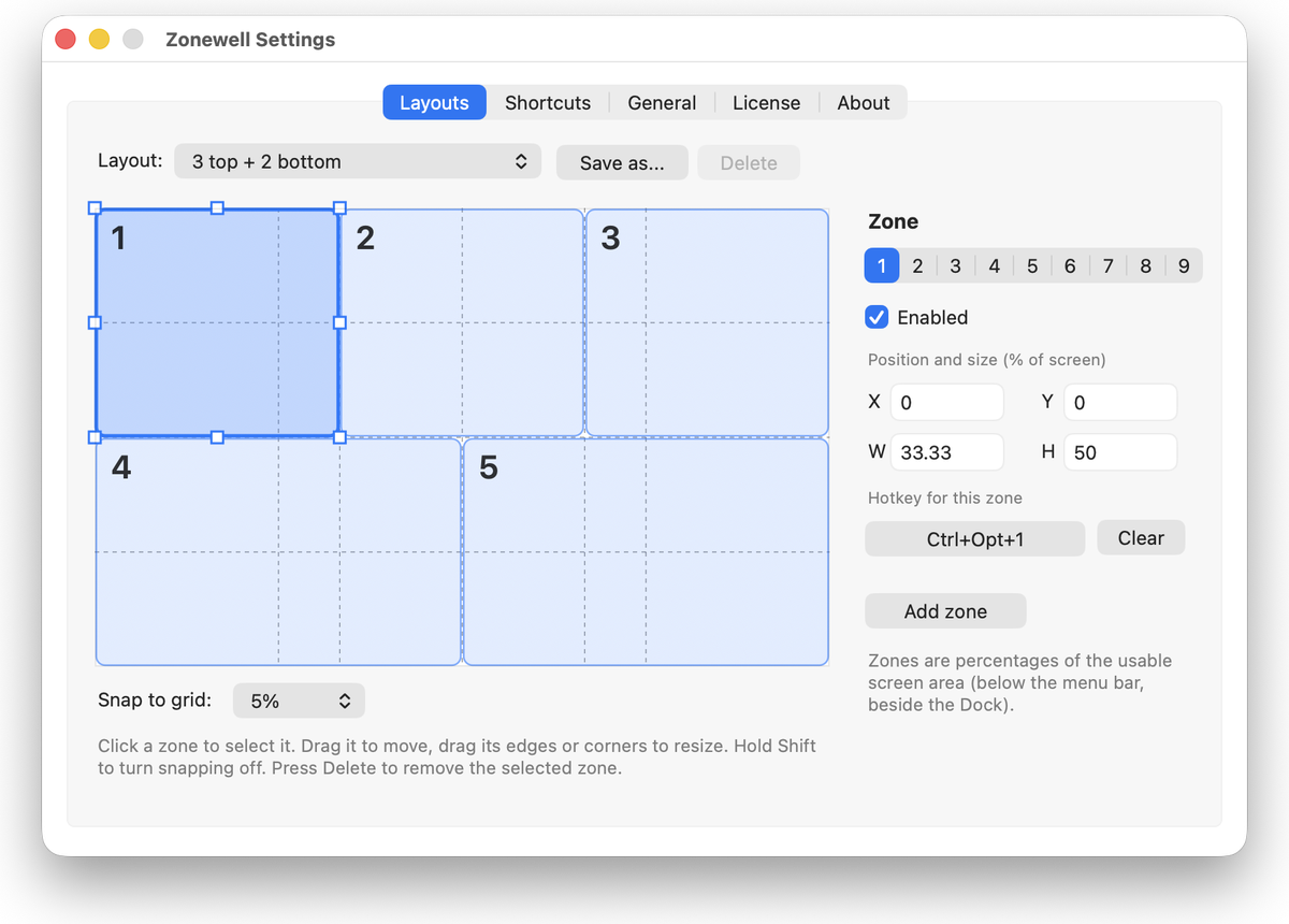 Zonewell settings showing a layout of three zones across the top and two along the bottom